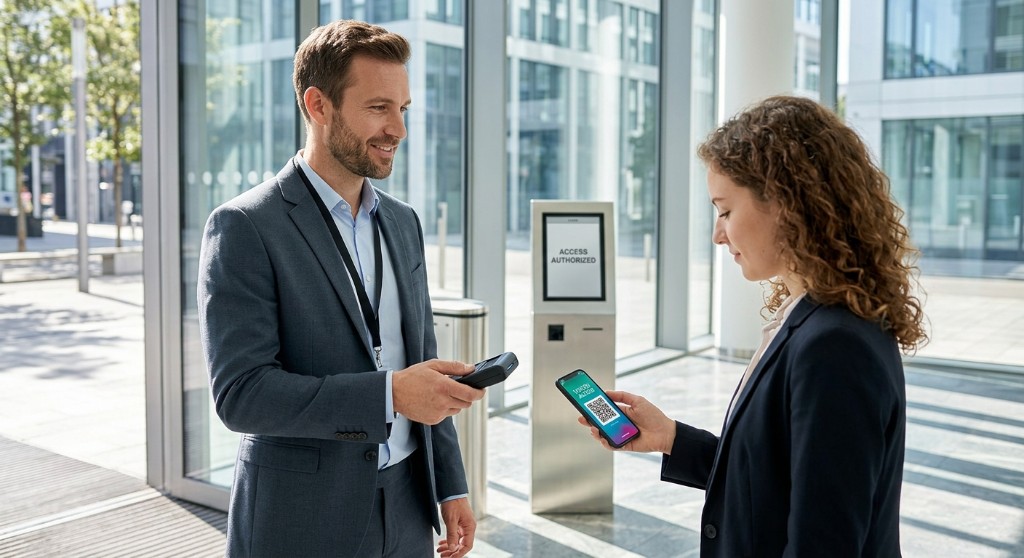 Concierge security guard at Ontario office building lobby